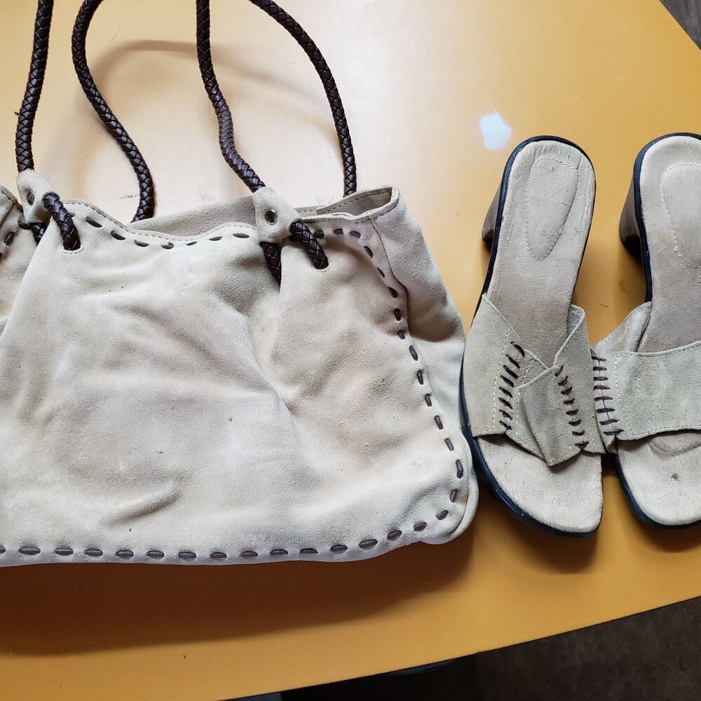Light brown suede purse and size 7 sandals